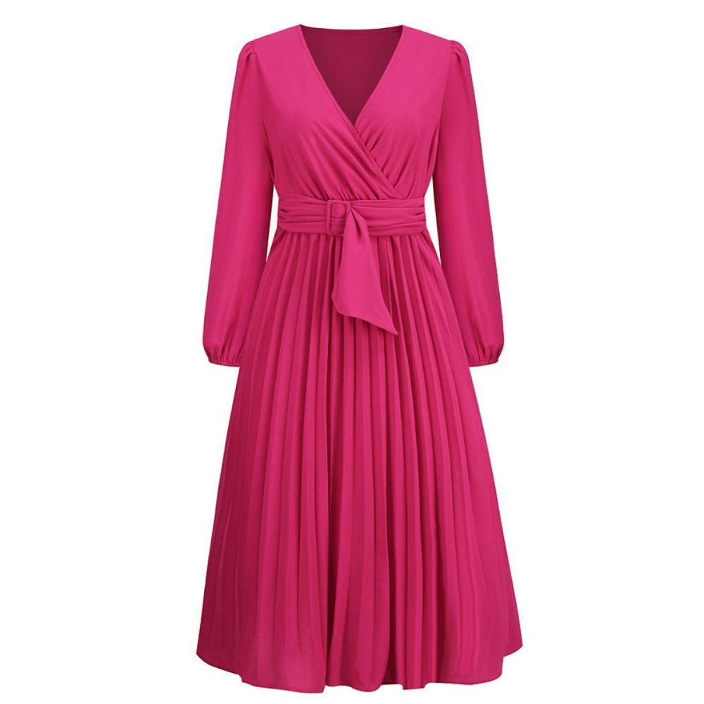 Rose Red V Neck Long Sleeve Tie Waist A-Line Midi Dress - Picture 4 of 8